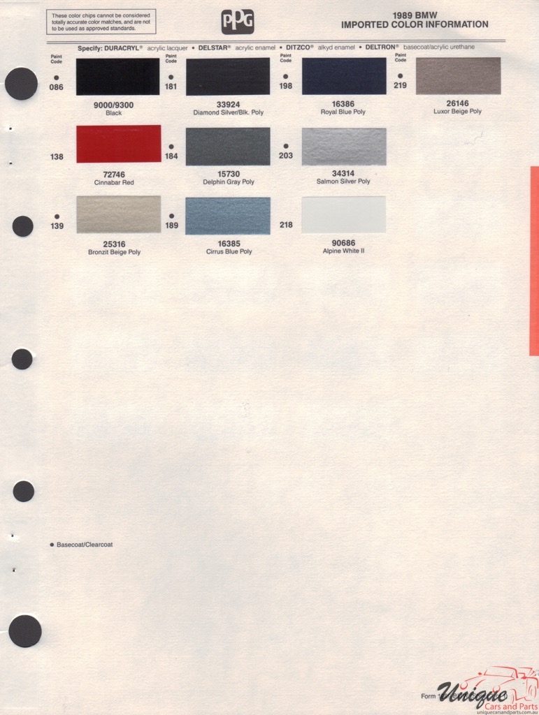 1989 BMW Paint Charts PPG